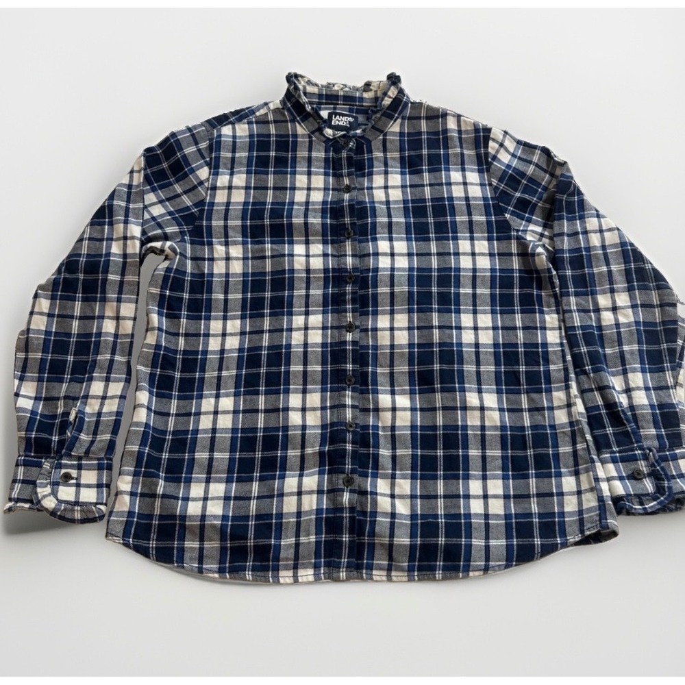 Lands End Blue White Plaid Cotton Flannel Shirt Womens Medium Petite